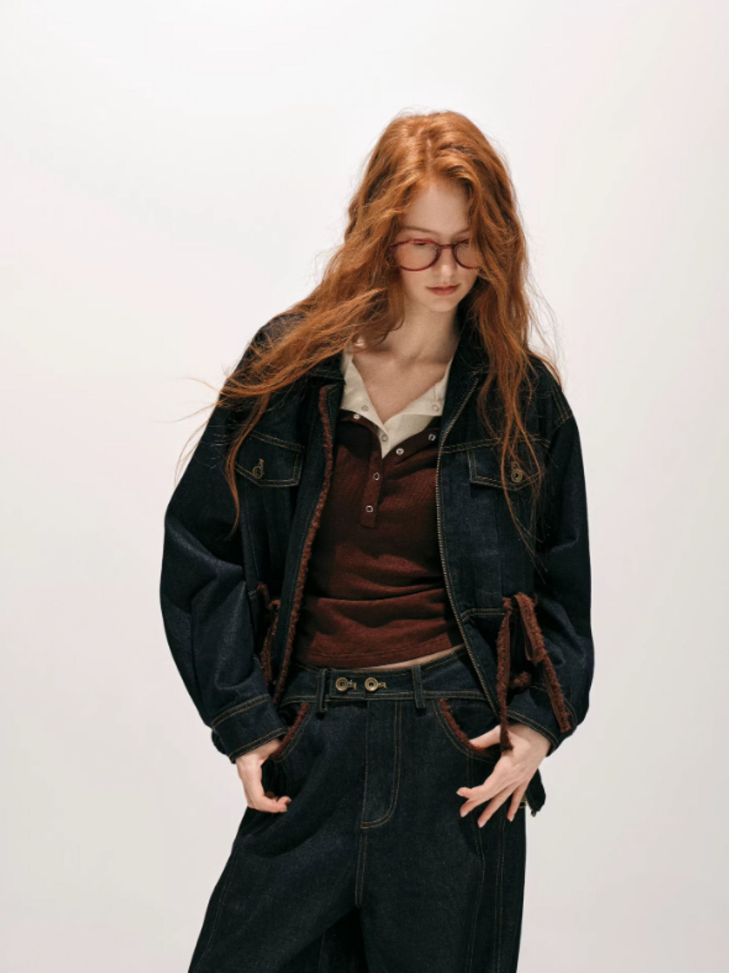 "荒野造势" Western-Inspired Suede-Panel Denim Jacket & Pants Set