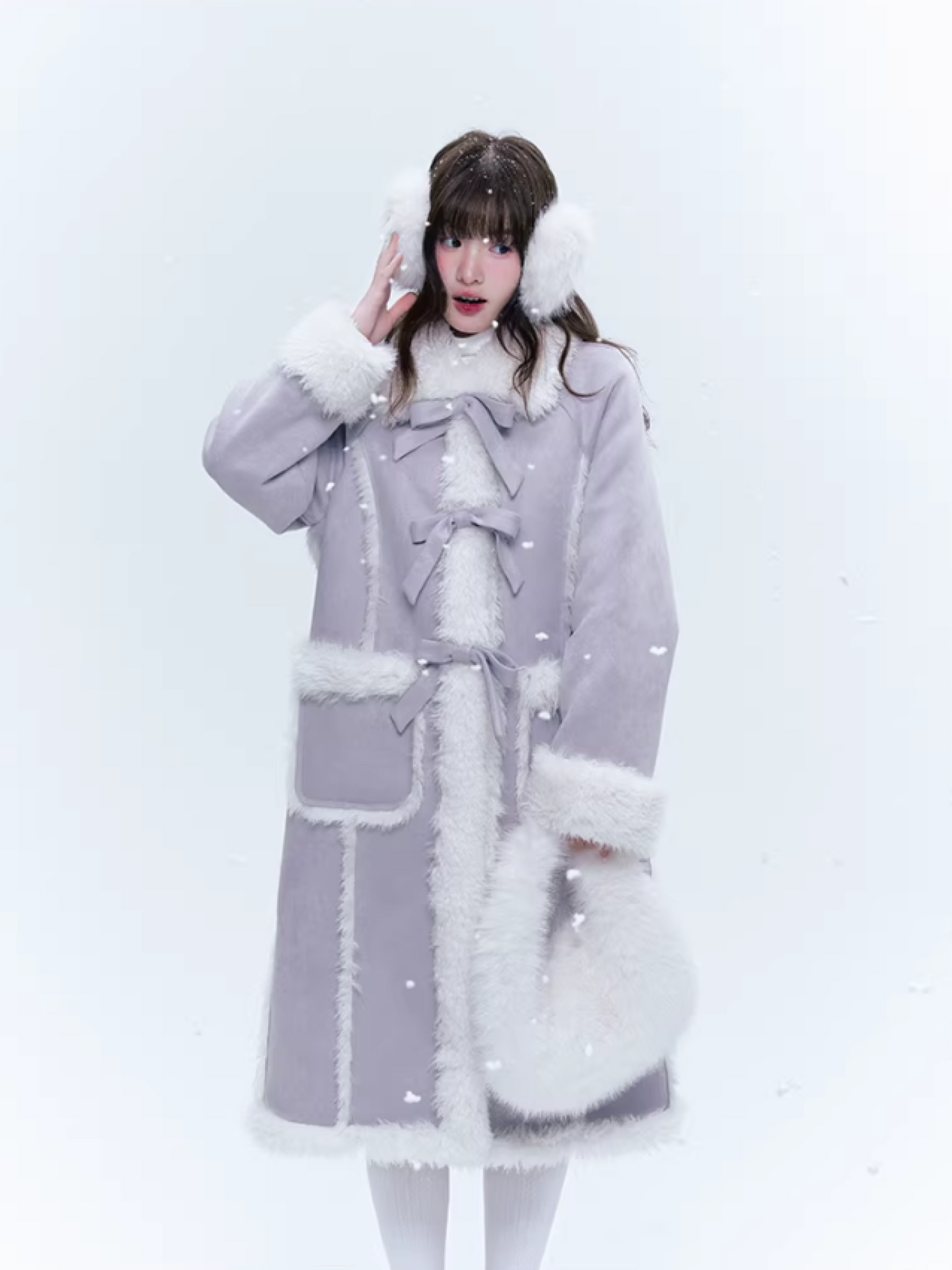 CREAMO2奶油氧气 - Taro Gray-Purple Bow-Tie Faux Suede & Teddy Midi Coat