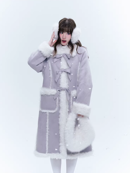 CREAMO2奶油氧气 - Taro Gray-Purple Bow-Tie Faux Suede & Teddy Midi Coat
