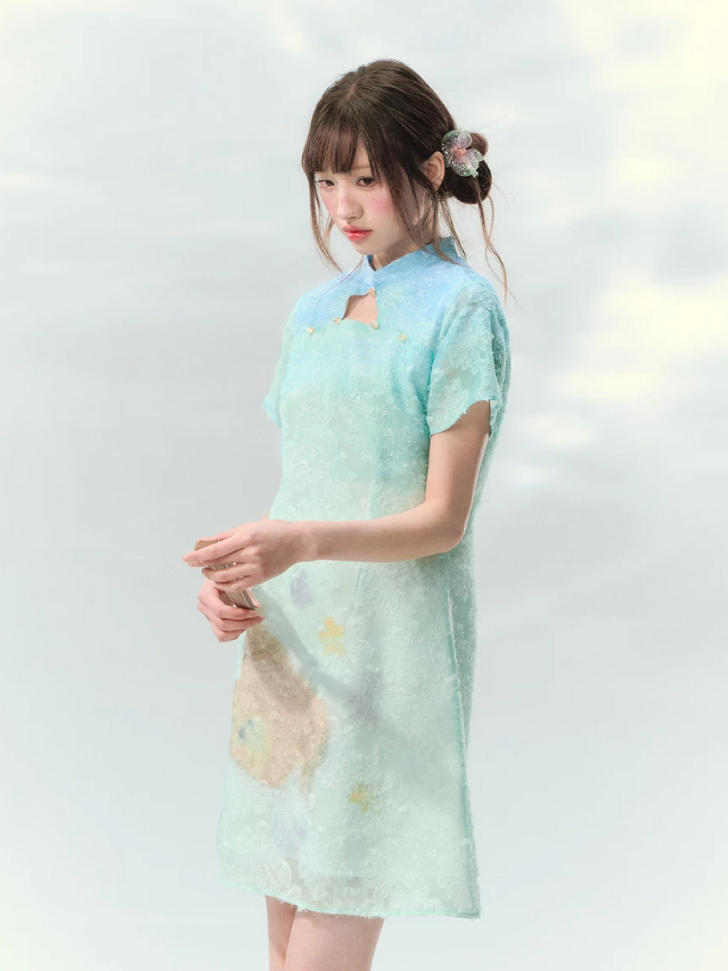 “Velvet Deer Whisper” Teal Deer Print Cheongsam Dress LL2026174
