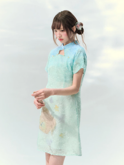 “Velvet Deer Whisper” Teal Deer Print Cheongsam Dress LL2026174