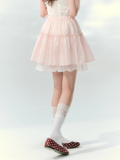 “Pink Mist Love Letter” Pink Stripe Lace Skirt Set LL2026161