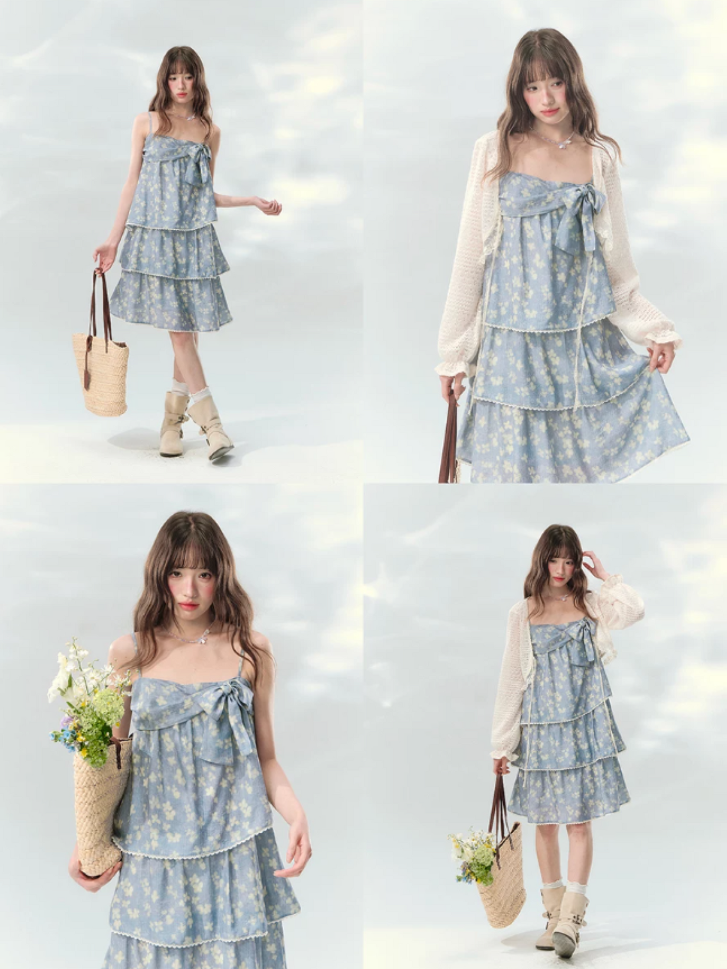 “Blue Mist Petals” Dusty Blue Floral Tiered Mini Dress LL2026120