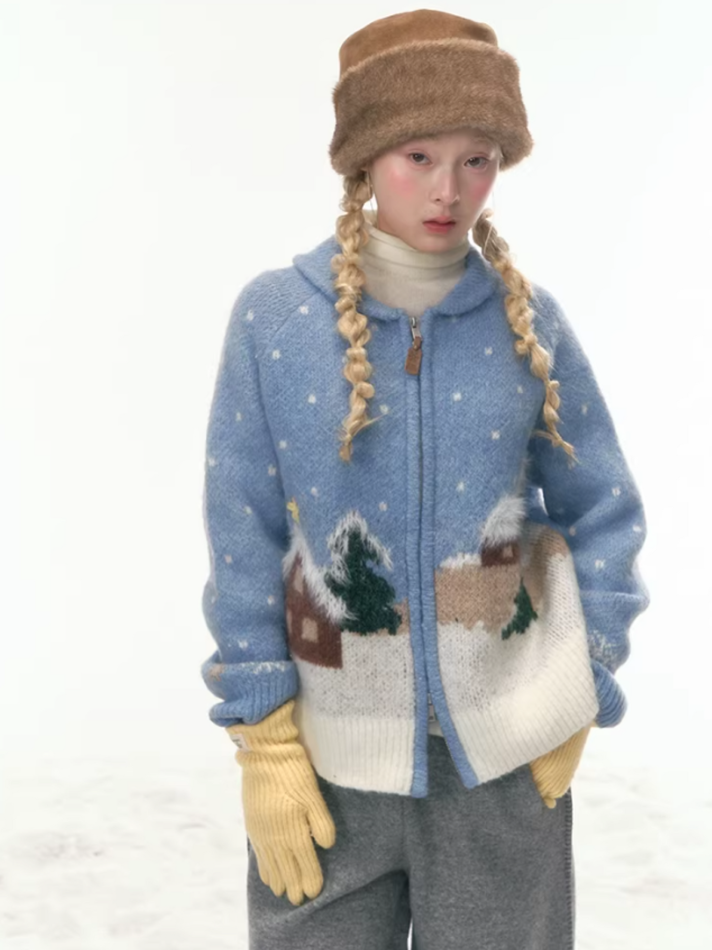 "Hand-Stitched Snow Fairytale" Blue Zip-Up Knit Cardigan LL2025448