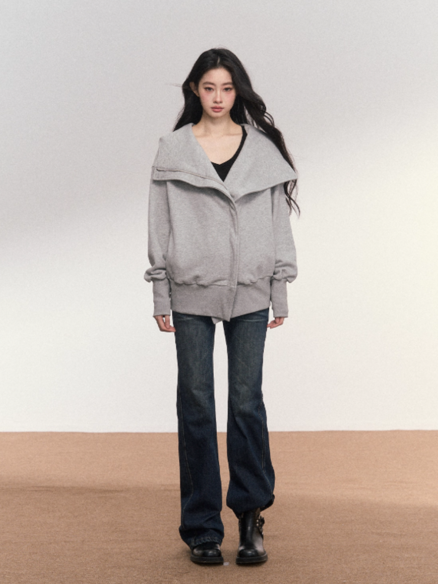 PCH - Cotton Zip-Up Hoodie with Detachable Collar (Gray)