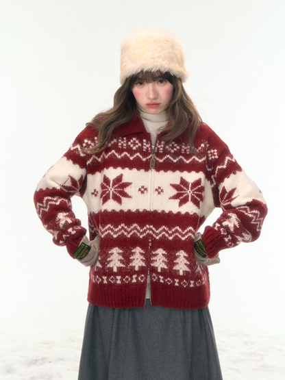 "Fluffy Snowtone" Vintage Red Holiday Knit Cardigan LL2025305