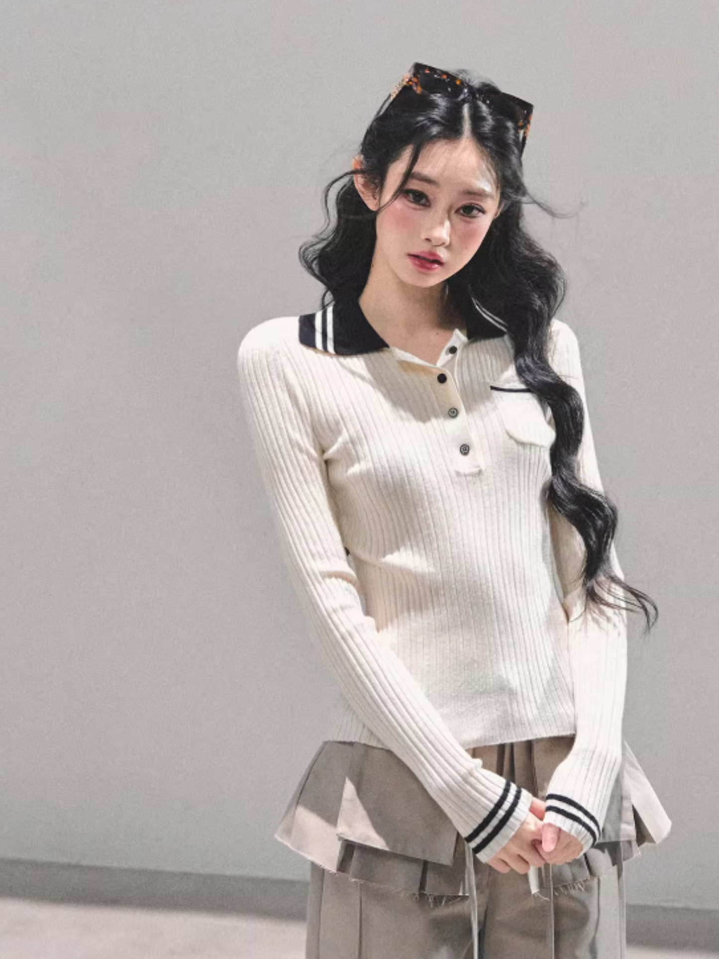 "温蒂的信" Classic Polo Collar Knit Top - White