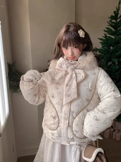 阮阮自制 - "Fluffy Pup" Bow-Detail Puppy Print Puffer Jacket