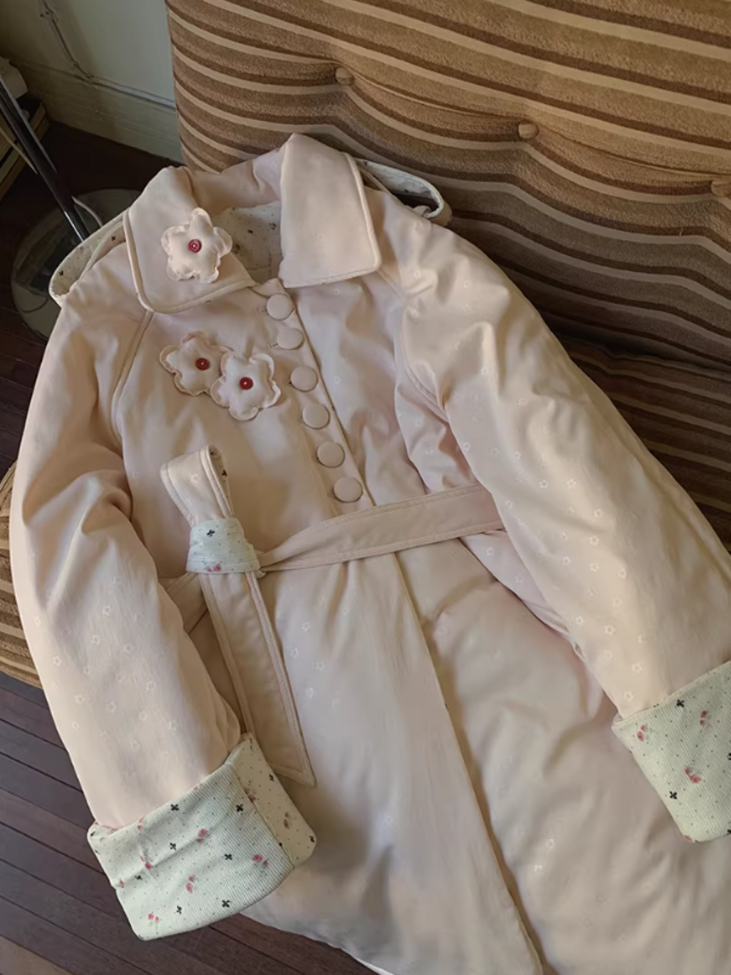 阮阮自制 - Honey Blossom Blush Floral Long Puffer Jacket