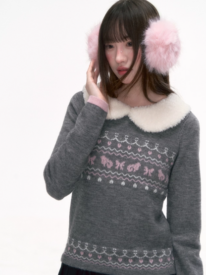'雪绒甜心' Fair Isle Knit Top with Detachable Faux Fur Peter Pan Collar – Gray/ Navy