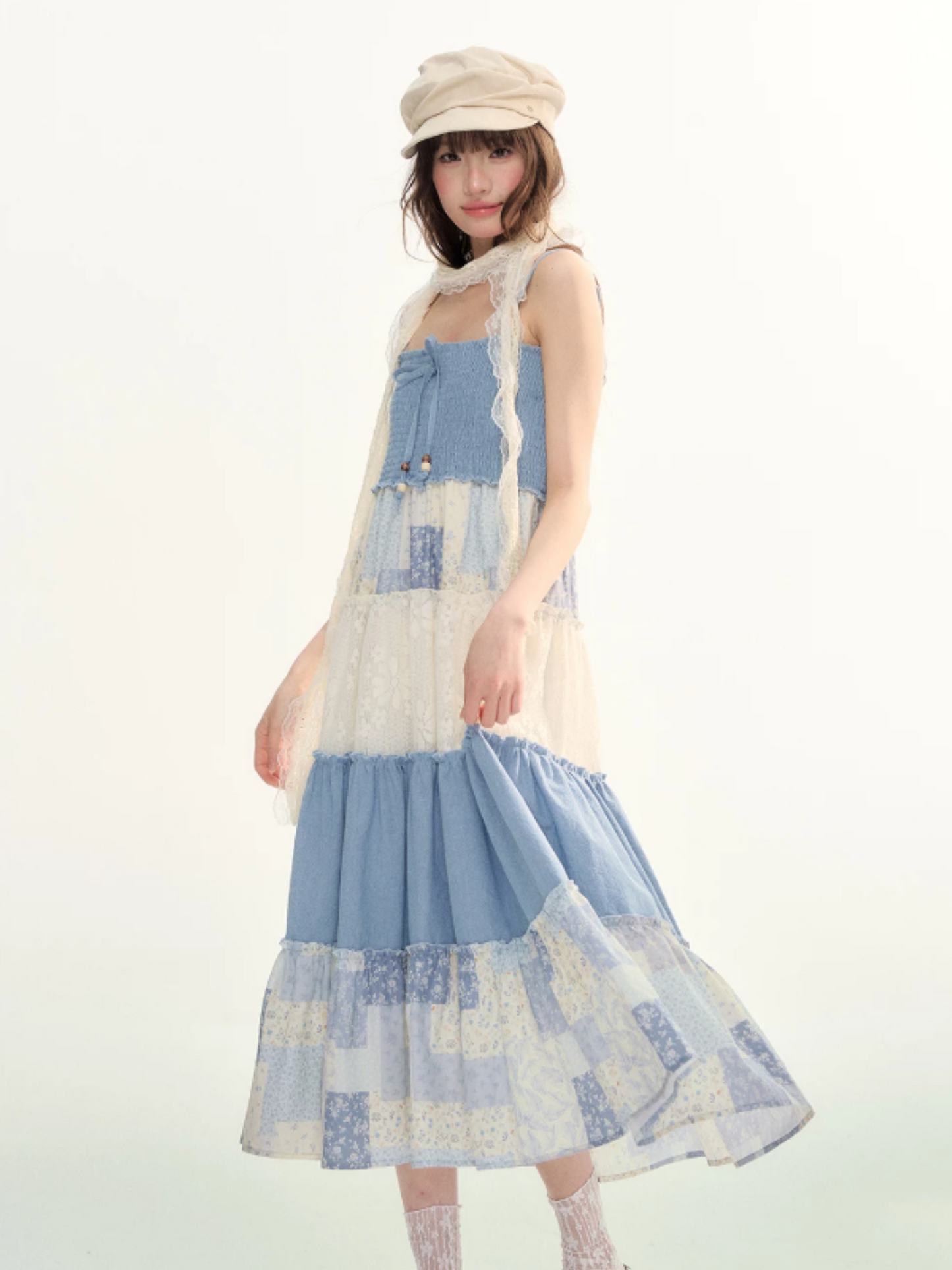Blue Patchwork Tiered Smocked Dress LL2026106