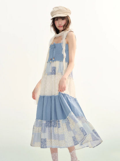 Blue Patchwork Tiered Smocked Dress LL2026106