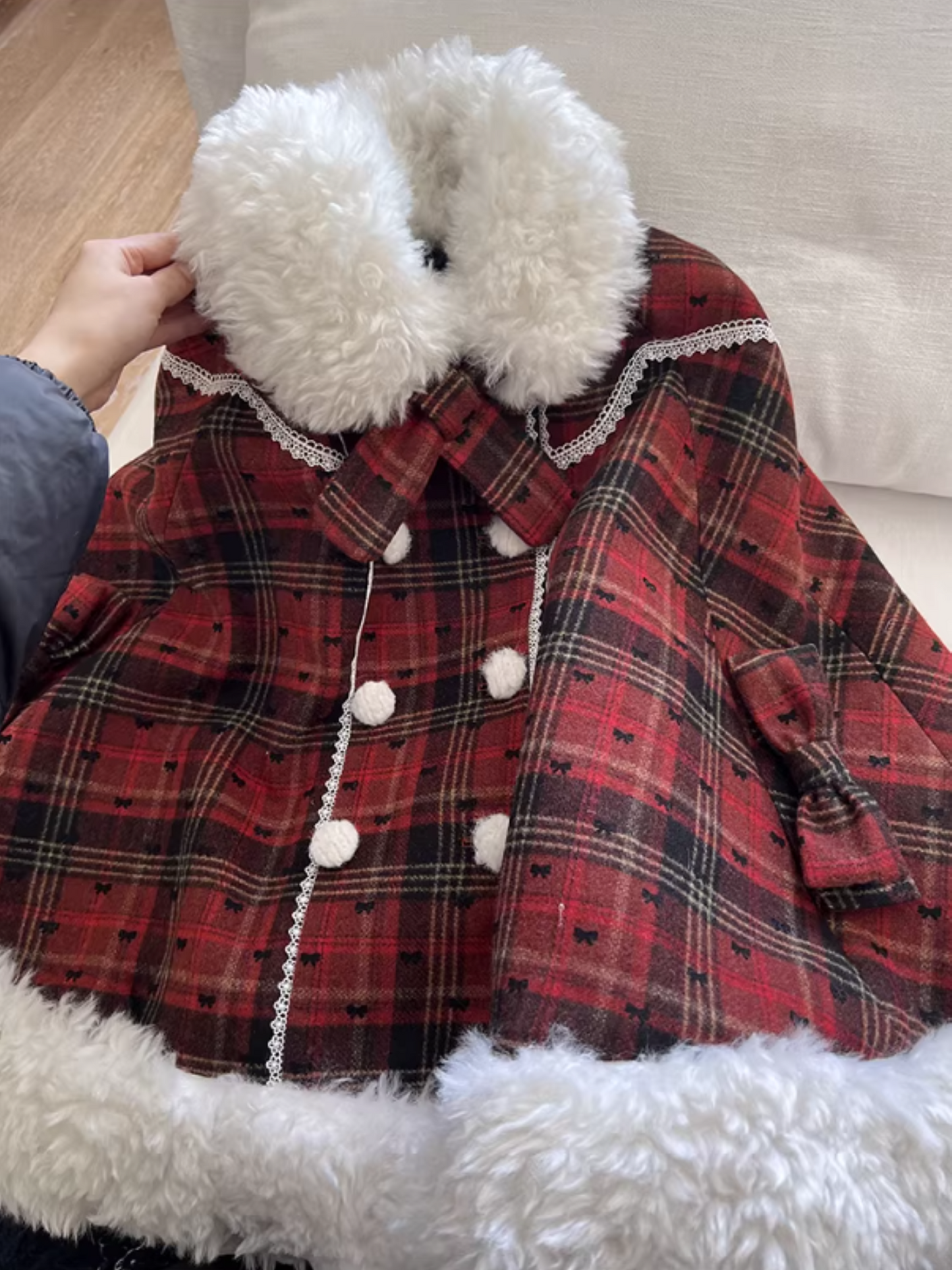 阮阮自制 - "Snowberry Dream" Plaid Cape Wool Blend Two-Piece Winter Set