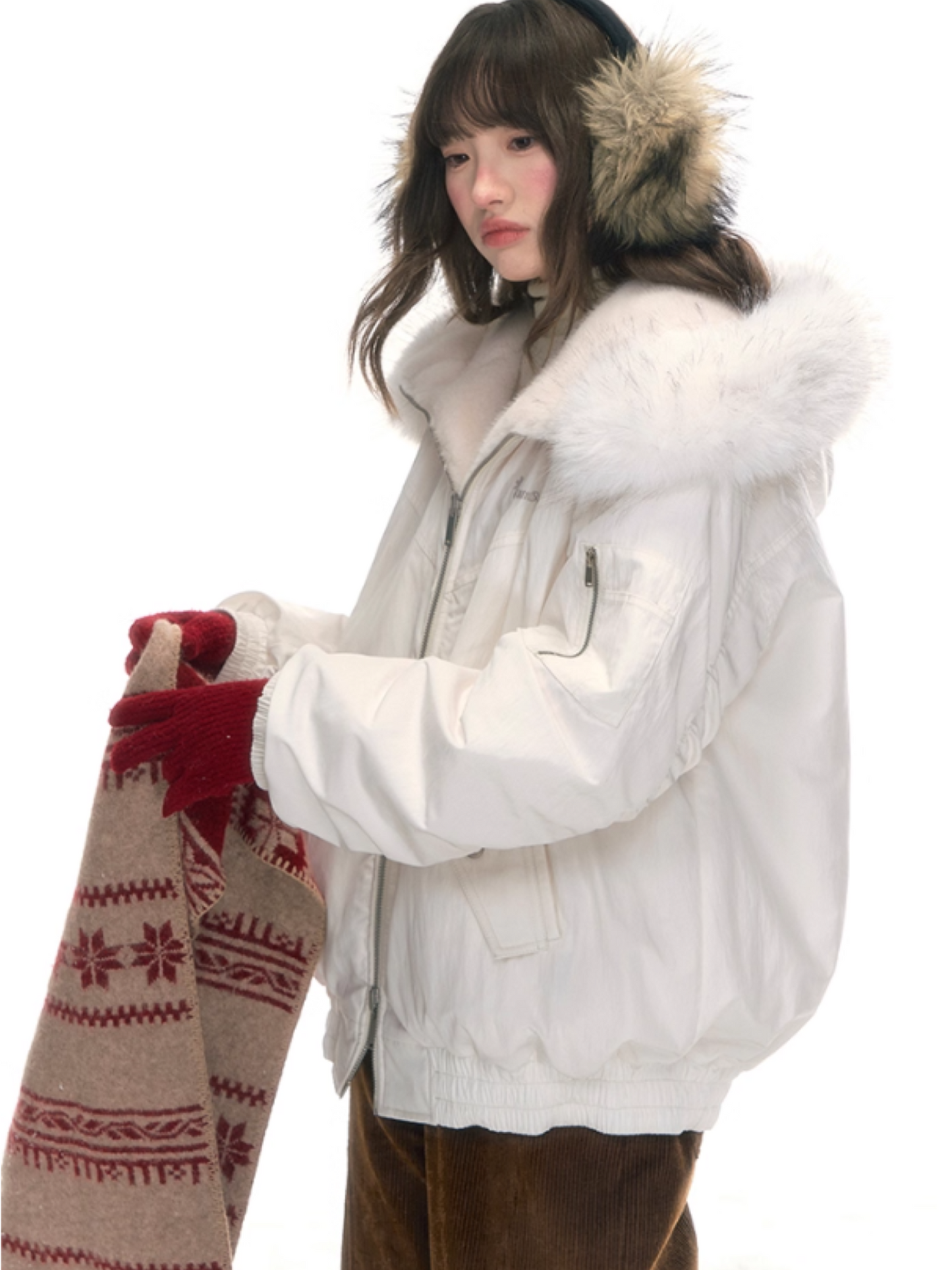 "Dreamscape" White Reversible Faux-Fur Aviator Jacket LL2025474
