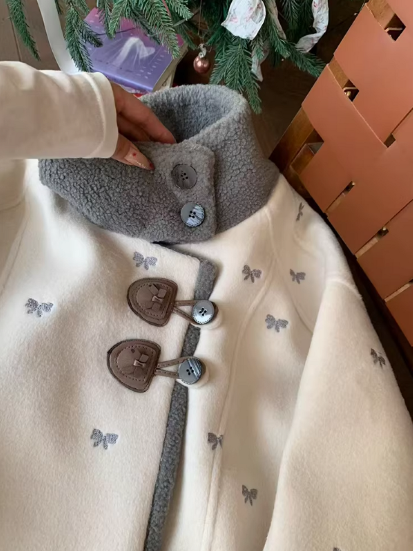 阮阮自制 - "Fog Whisper" Bow Embroidered Wool-Blend Padded Coat