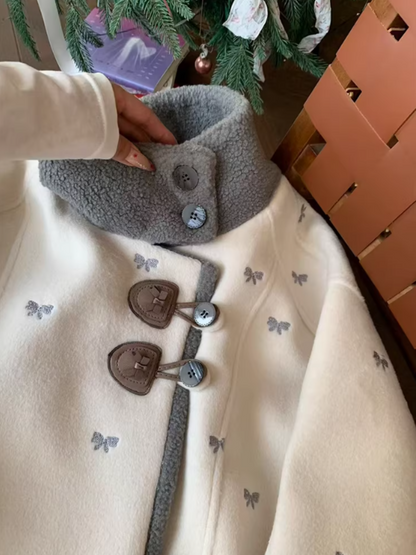 阮阮自制 - "Fog Whisper" Bow Embroidered Wool-Blend Padded Coat