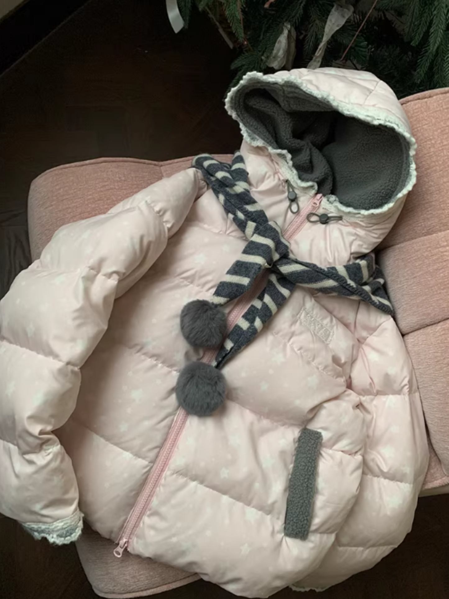 阮阮自制 - "Cherry Amber Star" Star Hooded White Duck Down Jacket