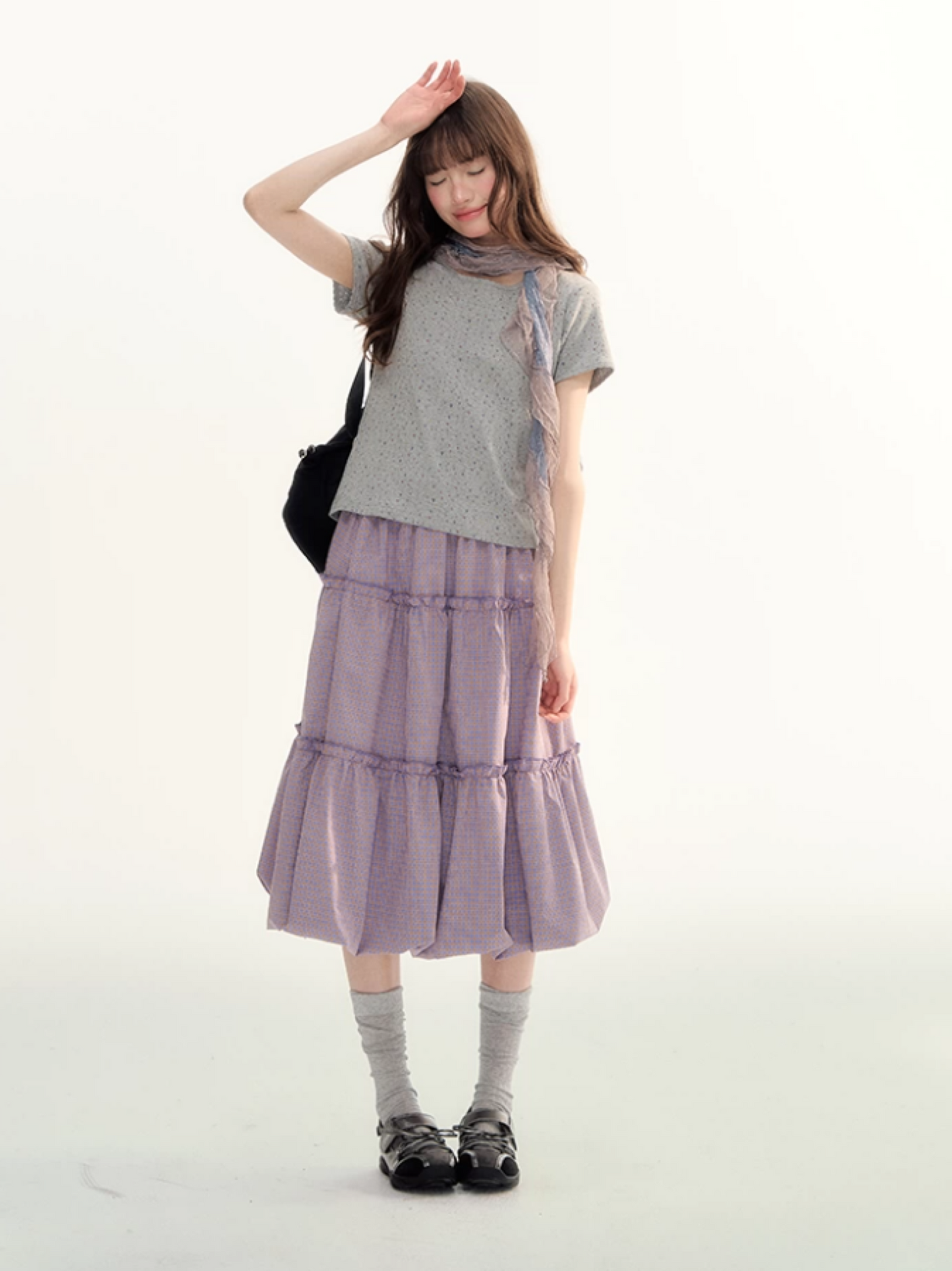 Grey Floral Lettuce Trim Fitted Baby Tee SJ2026090