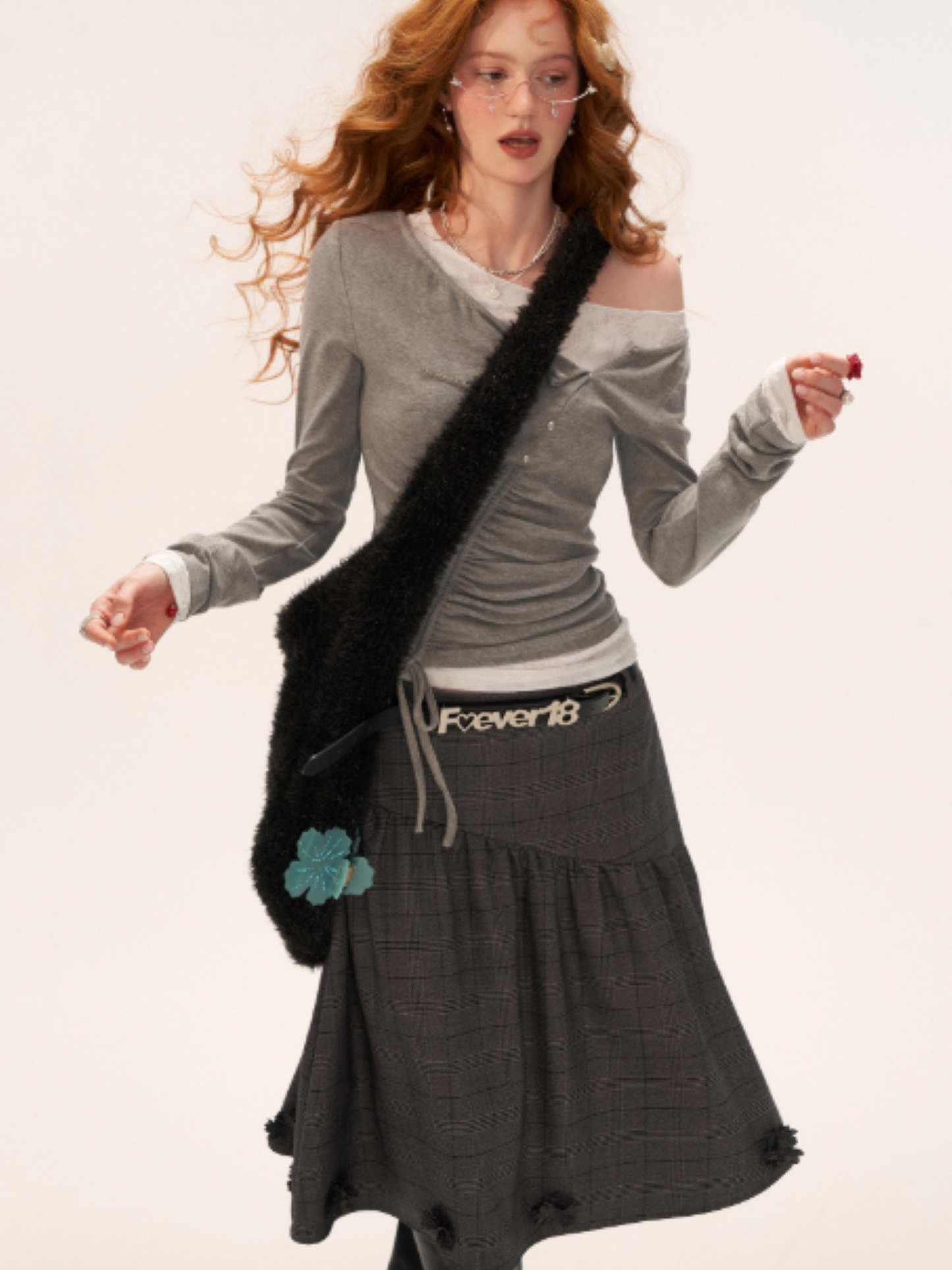MAMC - Y2K Preppy Lace Trim Ruched Long Sleeve Top (Grey)