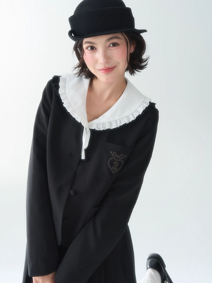 罐头士多所 - "Autumn Scholar" Embroidered Waist-Cinching Collar Coat & Black Skirt Set
