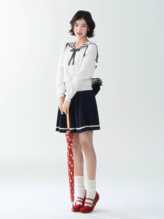 罐头士多所 - Cream Knit Sailor Collar Sweater & Pleated Skirt Set – Preppy Soft Girl Outfit