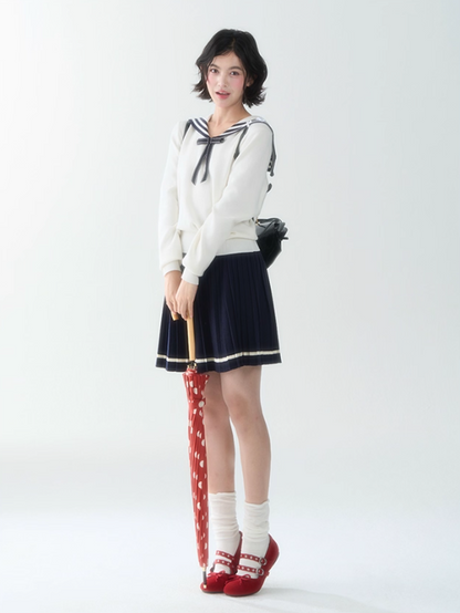 罐头士多所 - Cream Knit Sailor Collar Sweater & Pleated Skirt Set – Preppy Soft Girl Outfit