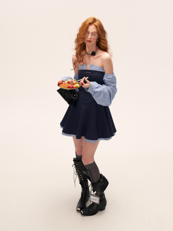 MAMC - Plaid Lantern Sleeve Corset Dress (Navy)