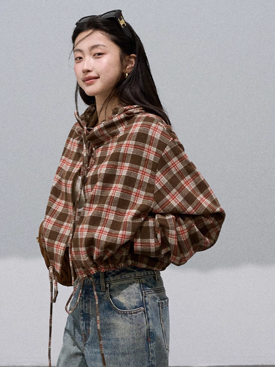 OAKMOO - Wool Textured Plaid Hooded Short Jacket – Coffee Quartz Brown 25Q423