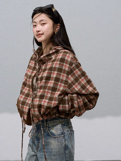 OAKMOO - Wool Textured Plaid Hooded Short Jacket – Coffee Quartz Brown 25Q423