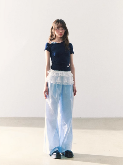 罐头粪便 - Preppy Gingham Patchwork One-Shoulder Tee – Slim Fit Summer Style