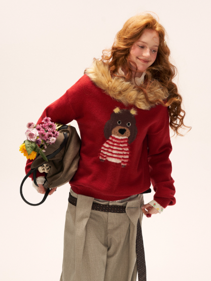 MAMC - Dog Fur-Trim Pullover Hoodie Sweater WE805 - Red