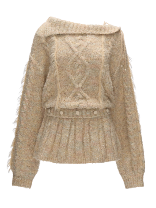 MAMC - Beige Cable Knit Tie-Waist Sweater WE835