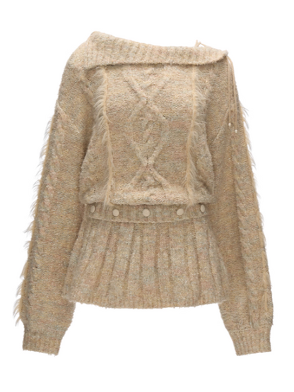 MAMC - Beige Cable Knit Tie-Waist Sweater WE835