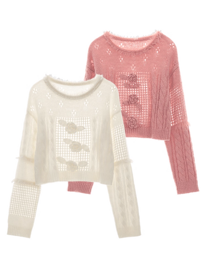 MAMC - 3D Rose Faux Fur Collar Knit Sweater