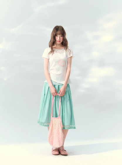 “Mint Waltz” Mint Green Lace Trim Pleated Midi Skirt