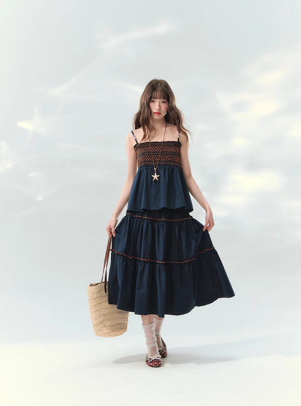“Bohemian Travel Notes” Navy Beaded Cami & Tiered Maxi Skirt Set