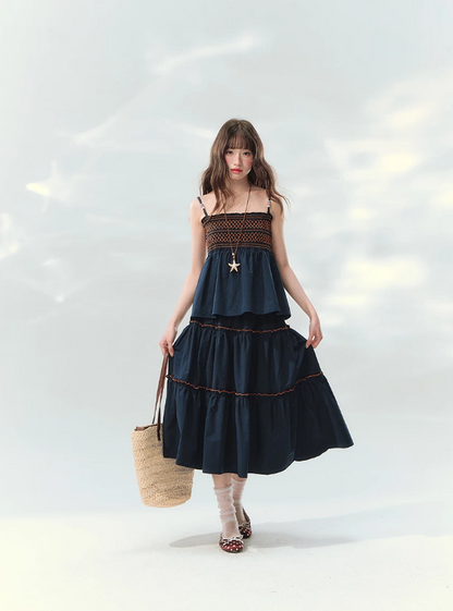 “Bohemian Travel Notes” Navy Beaded Cami & Tiered Maxi Skirt Set