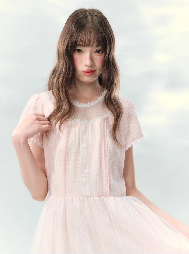 “Peach Bubble Romance” Pink Polka Dot Lace Midi Dress
