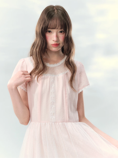 “Peach Bubble Romance” Pink Polka Dot Lace Midi Dress