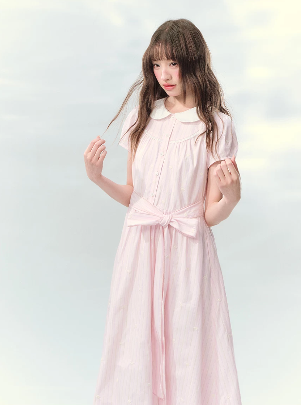“Pink Mist Soufflé” Blush Pink Embroidered Doll Collar Dress