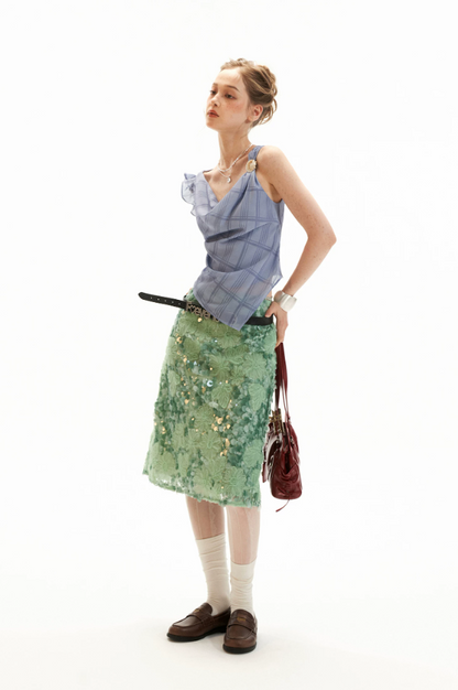 Mint Sequin Embroidered Midi Skirt