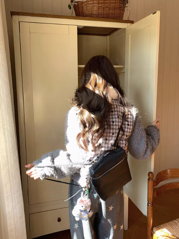 阮阮自制 - "Mist Isle Sakura" Faux-Layered Plaid Fur-Collar Puffer Jacket