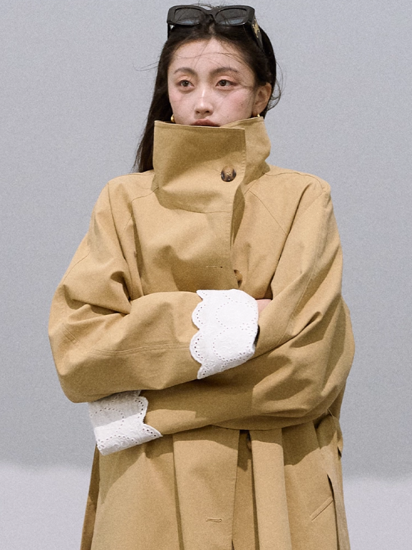 OAKMOO - "Grass Whisper" Oversized Long Trench Coat – Amber Khaki 25Q412