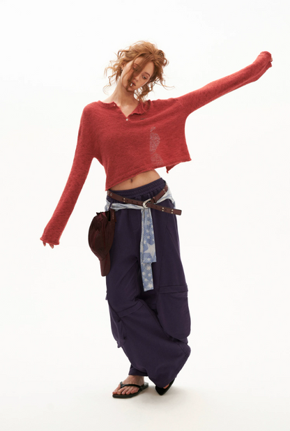 MAMC - Open-Back Mohair Blend Cropped Sweater (Red/ Black/ Blue)