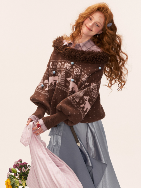 MAMC - Fox Fair Isle Deep V-Neck Oversized Sweater WE780 (Mocha)