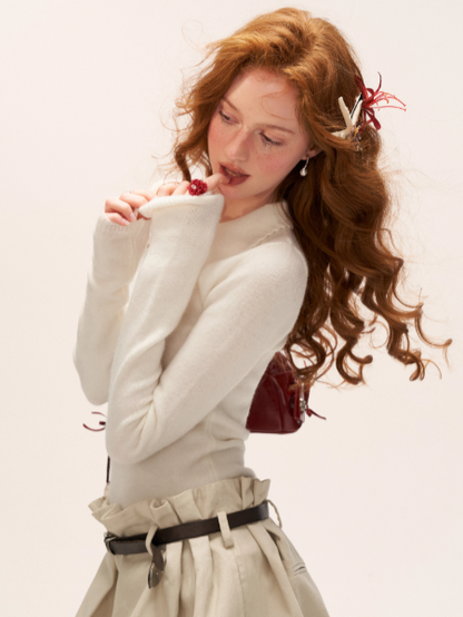 MAMC - Vintage Crochet V-Neck Puff Sleeve Sweater WE837 - RED