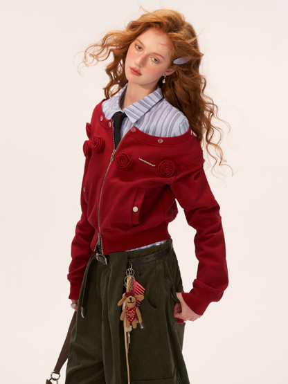 MAMC - Asymmetrical Shoulder Detachable Fur Collar Floral Jacket WE762 - RED