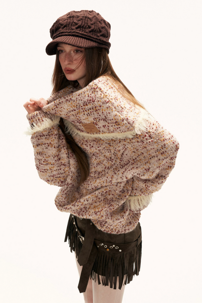 MAMC - Beige Slouchy Textured Off-Shoulder Turtleneck Sweater