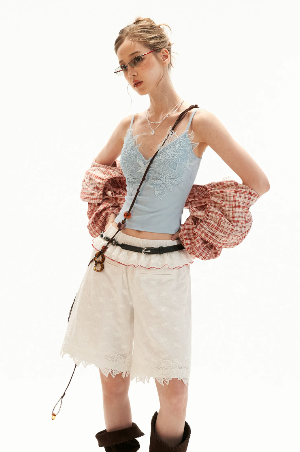 White Lace Trim Relaxed Cotton Shorts