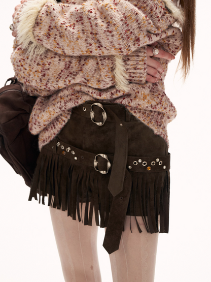MAMC - American Retro Brown Suede Fringe Shorts WE859